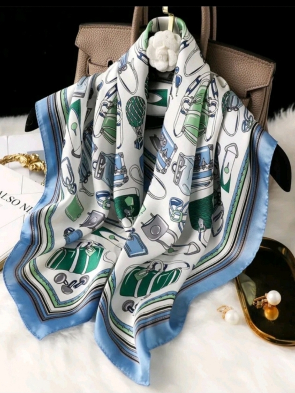 Silk-Feel Printed Scarf in Blue, Green & White Head Scarf , Neck  Scarf